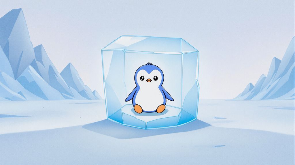 fully frozen world in which a penguin is stuck in an ice cube