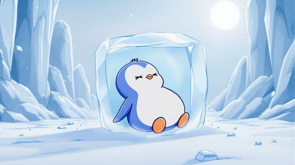 penguin frozen inside an ice cube