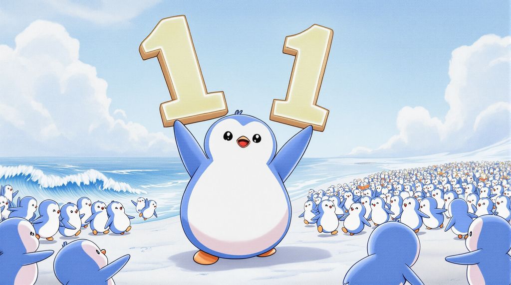 A pudgy penguin holding a number 1 sign around many other penguins .