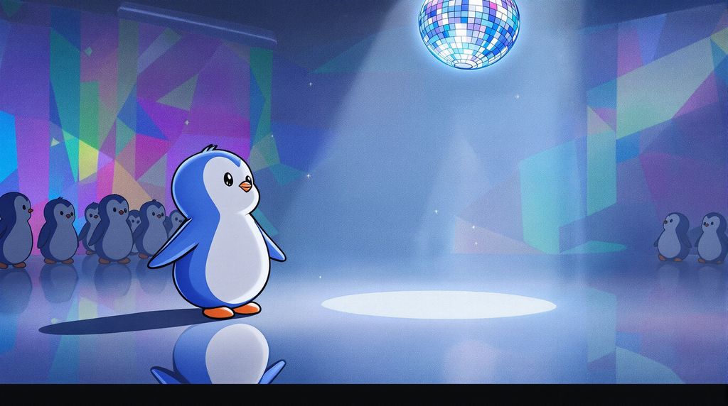 an empty dance floor with a disco ball; with penguins all around in the background