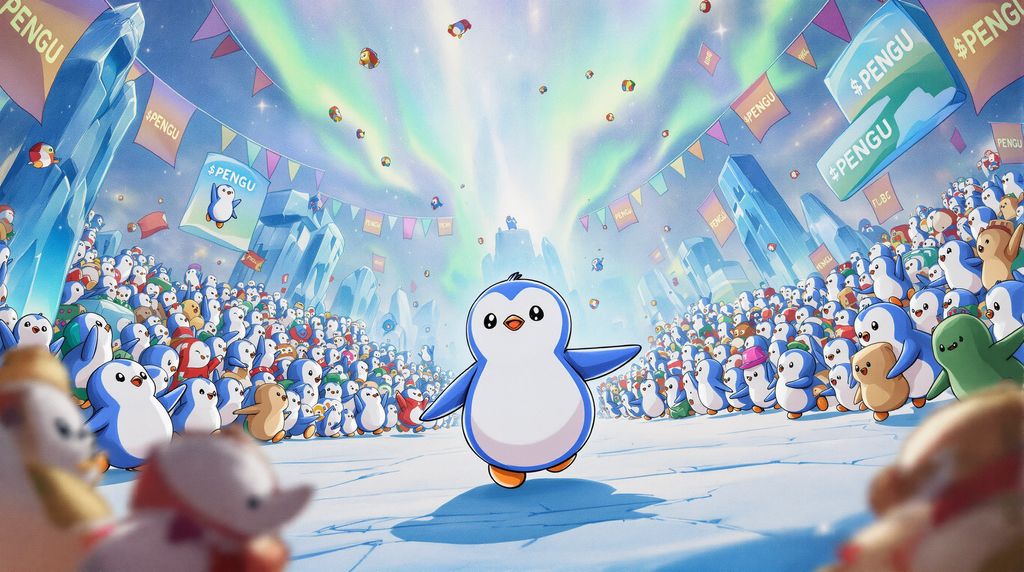 Pengu’s day as he navigates the vibrant chaos of the celebration, interacts with his colorful Pudgy Fam friends, and uncovers hints of a looming adventure tied to the success of $PENGU and the pudgy party game. Capture his infectious enthusiasm, the icy yet warm Antarctic setting, and the growing anticipation of something epic approaching.