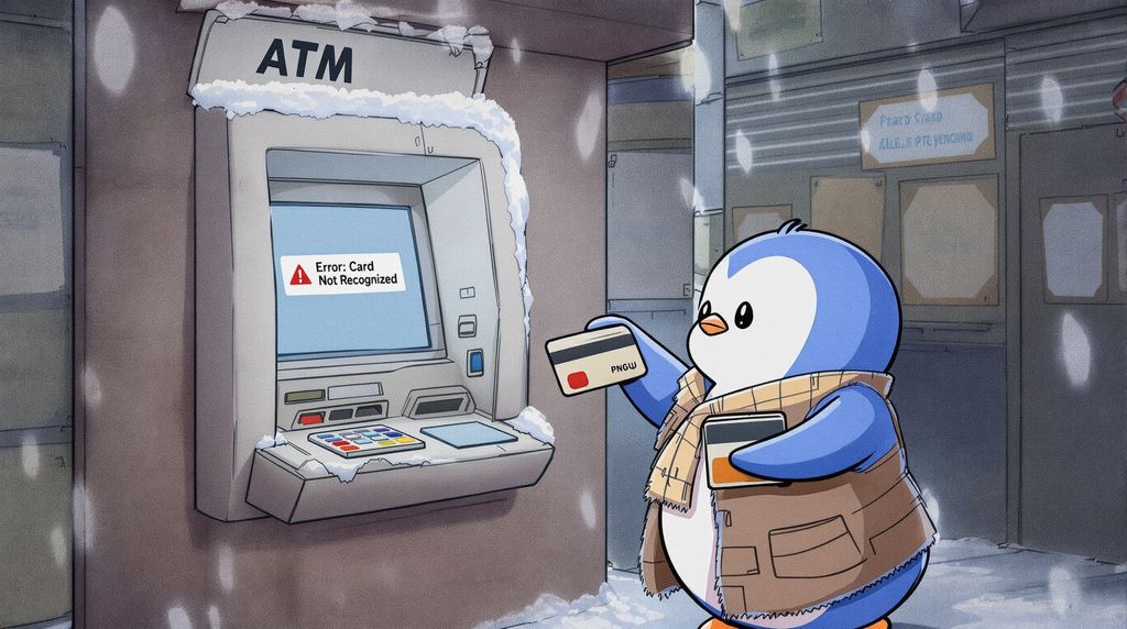 A shivering penguin in a tattered coat stands before an ATM in a snowy alley. It frantically taps the screen with its wing, looking confused. The screen flashes "Error: Card Not Recognized." It pulls a worn card from under its wing, wipes it on its beak, and tries again—still no luck. With a sigh, it mutters, "Why do these machines hate penguins?"