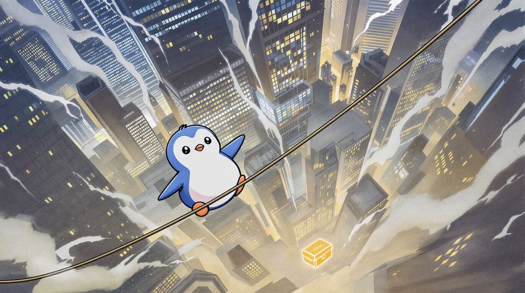 Picture a daring penguin on a highline stretched between two skyscrapers. The tightrope leads to a gleaming chest of wealth at its end, but a fall means poverty’s dark abyss below. Describe his journey, inner thoughts, and the obstacles he faces—gales, distractions, or fear.