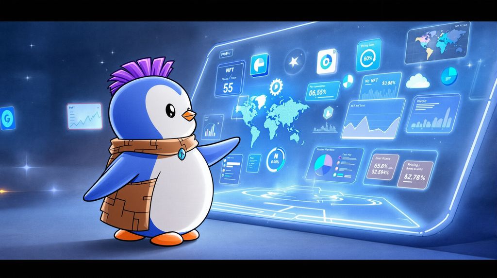 Cartoon penguin with purple mohawk and orange caveman outfit, standing in front of a glowing futuristic holographic touchscreen. The penguin touches the interface with one flipper, surrounded by neon blue light. The holographic display shows floating charts, maps, graphs, NFT icons, dashboards, and pricing plan boxes, like a sci-fi control panel. Clean futuristic atmosphere, high-tech style, glowing effects