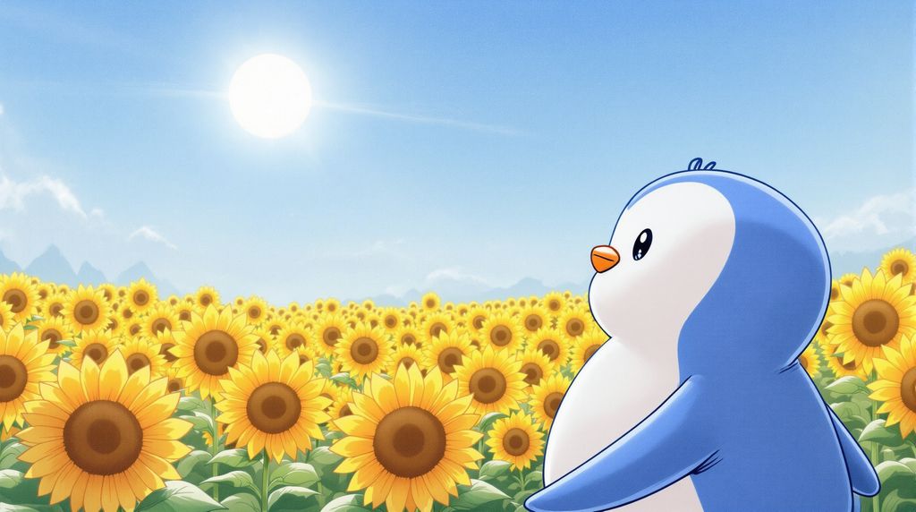 pengu surrounded by a field of yellow sunflowers looking at his sun
