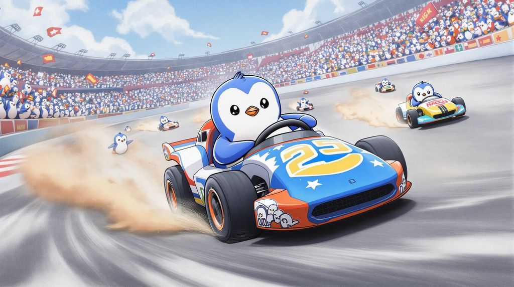 penguin race off to work in a Pengu theme NASCAR