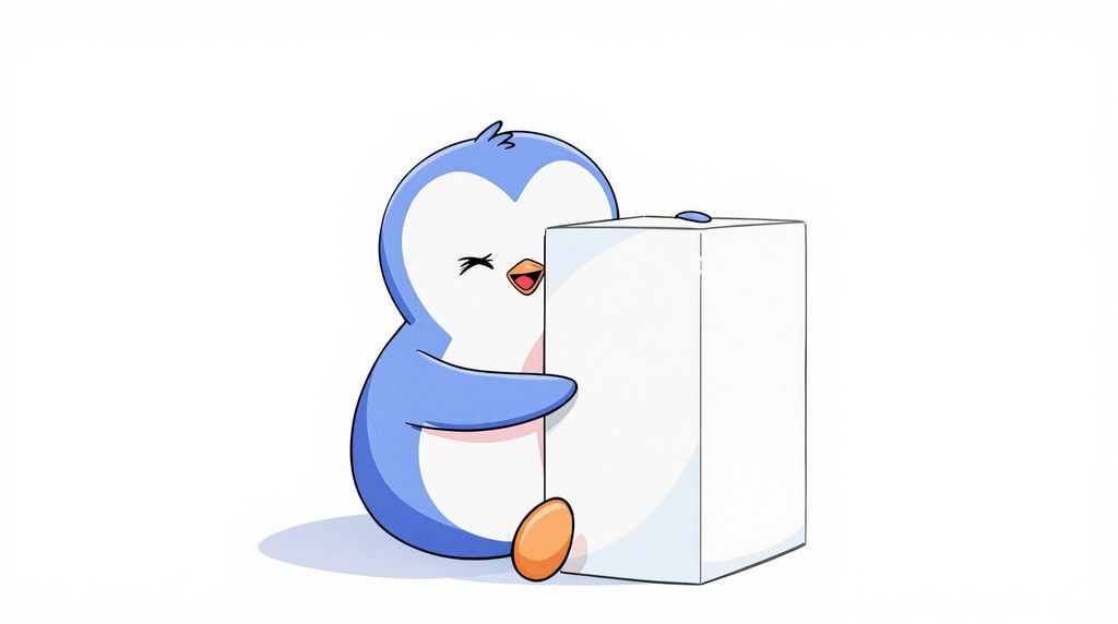 A happy penguin seated holding a big vertical rectangle shaped box with his head on the side smiling in a fully white background