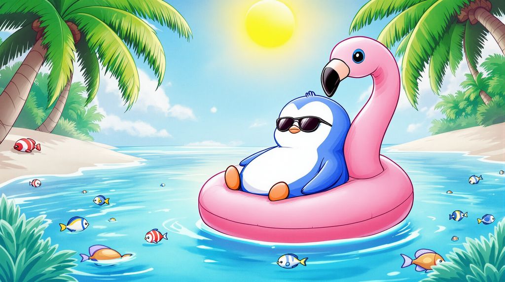 pengu chilling on a floatie in tropical paradise with sunglasses on. make it colorful