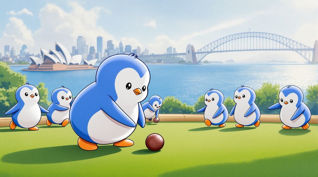 six pengus playing lawn bowls on a bowling green that is overlooking the Sydney Harbour. In the background is the Sydney Opera House and the Sydney Harbour Bridge.