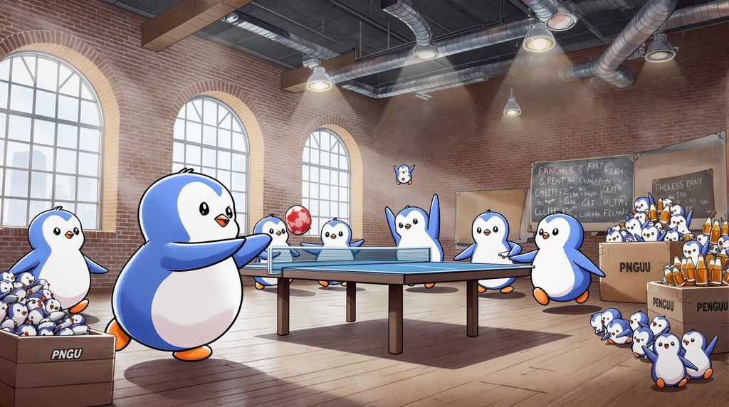 six pengus playing table tennis in a large, industrial office space. Next to the table tennis table is a large table that is filled with buckets of fish, buckets with glass beer bottles and toy pengus. The industrial office space should look similar to the Launch Event space at the Precinct in Fortitude Valley, Queensland (Australia)