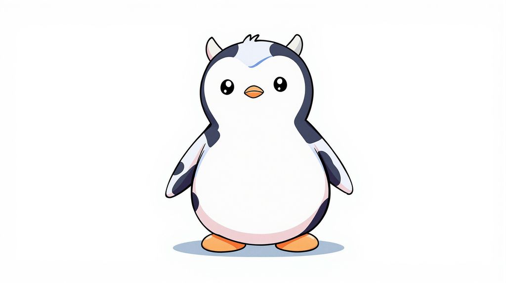 Create a pudgypenguin, bald, dressed as a cow, blank background, cow horns on the head, black and white cow fur