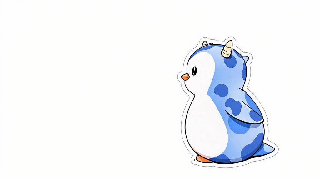 create a pudgy penguin dressed as a cow, blank background, the penguins side profile is visible, like a sticker, horns on the head, black and white fur