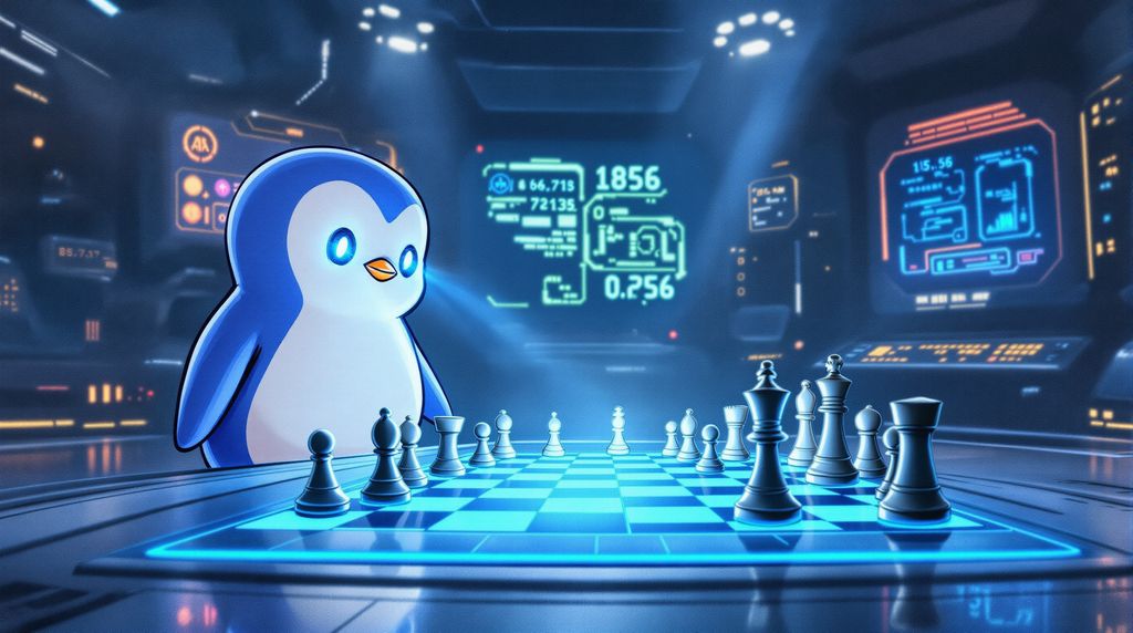 pengu scans a board with laser eyes