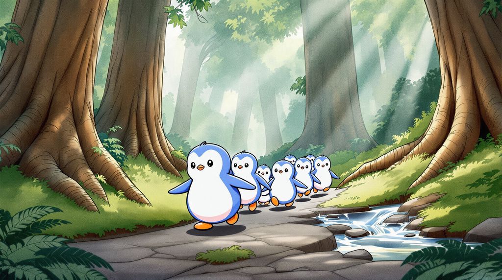 several penguin hiking in the Forrest.