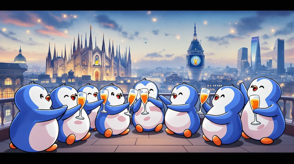 group of Pudgy Penguins having fun and laughing during a rooftop party in Milan. They are holding glasses of Champagne and bright orange Spritz Campari, toasting and enjoying themselves with cool, fancy energy. The terrace has a trendy atmosphere. In the background, the Duomo di Milano with its spires and the golden madonnina and the modern Milan skyline glow under the evening sky. The mood is vibrant, playful, and stylish, like a fashionable Milan rooftop party with penguins as the stars