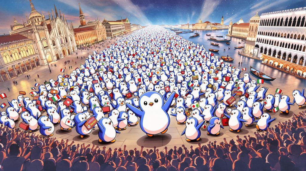 Vertical cinematic event poster illustration for “La Dolce Waddle”, inspired by the dynamic composition of a movie poster.
    •    Top left: Milan skyline with Duomo and Galleria Vittorio Emanuele, glowing evening colors.
    •    Top right: Venice with Rialto Bridge, gondolas, carnival masks, shimmering canals.
    •    Center: groups of Pudgy Penguins travelling from both sides, converging in the middle like a joyful clash of worlds. Penguins are celebrating—clinking glasses, carrying luggage, holding spritz, taking selfies, waving little flags.
    •    Diagonal composition: like a movie poster, elements from both Milan and Venice angle toward the center where the penguins unite.
    •    Bottom: crowd of penguins, like fans or community members, reinforcing the gathering.
    •    Style: vibrant, colorful, playful but epic, cinematic poster feel (bold lighting, strong contrast, dramatic arrangement), but with cute Pudgy Penguins and Italian landmarks.
    •    Layout: leave space at the very top for the event title and at the very bottom for small text if needed, but focus is on penguins + cities converging.
