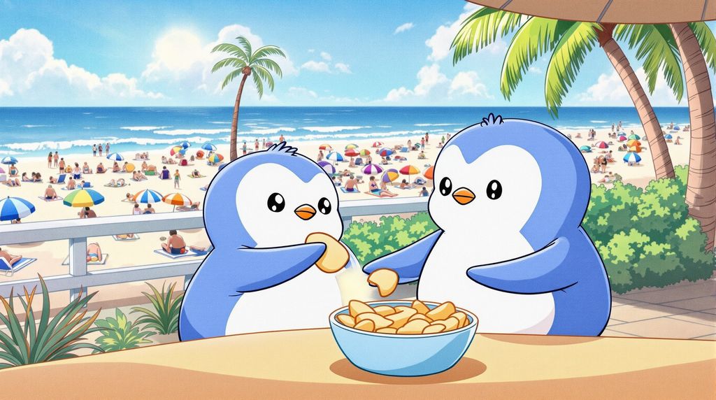 penguin dipping his chips in dip.