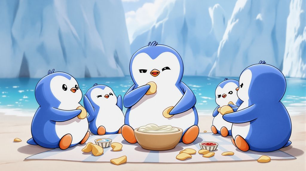 show penguins dipping their chips in dip.