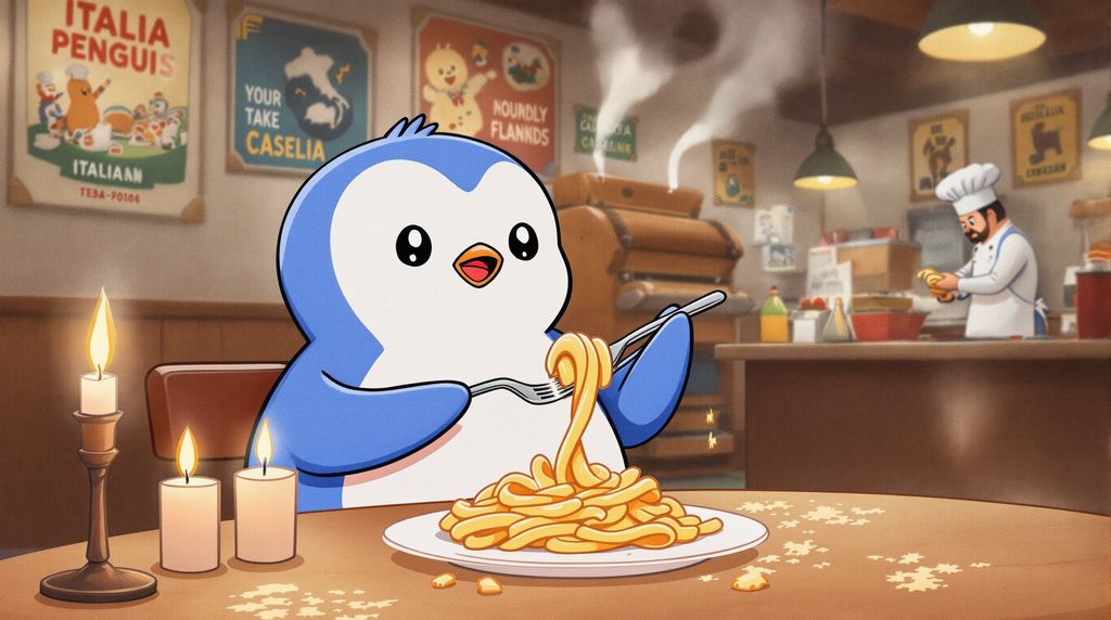 - pudgy cooking and eating macaroni in a italian restaurant