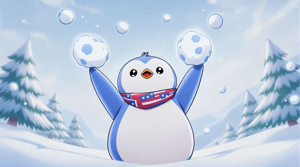animate a disney style image of a penguin wearing a red, white blue bandana, moustache and an ice coat throwing armfulls ofsnowballs into the air, ready for a big snow battle