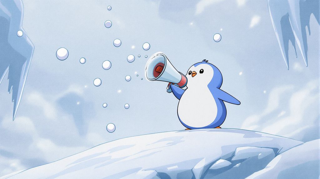 penguin shouting with a speaker BUY SNOWBALL CHAOS. Snowy world, snowballs flying around