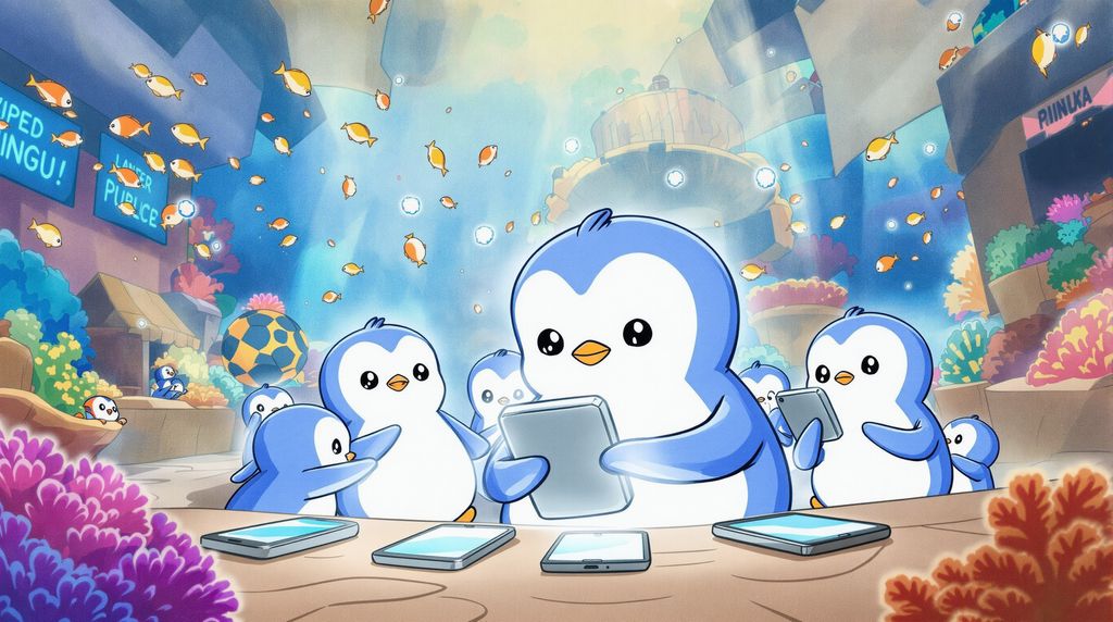 penguins trading Pengu on their smartphones