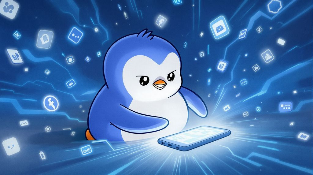 penguins tapping frantically on their smartphone with a determined look