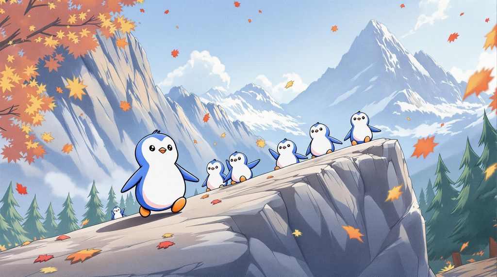 Show six penguins hiking a mountain with Fall leaves falling .