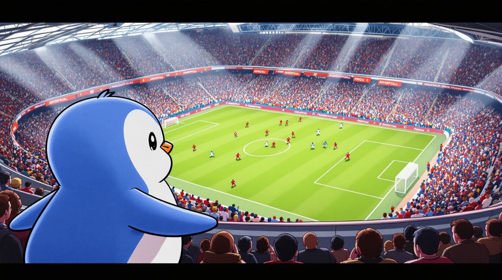 show a Pudgy Penguin watching a soccer match in a busy crowded stadium, like Anfield in Liverpool
