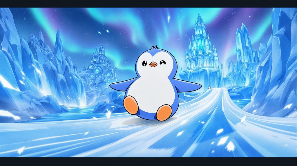 Pengu sledding through ice paradise