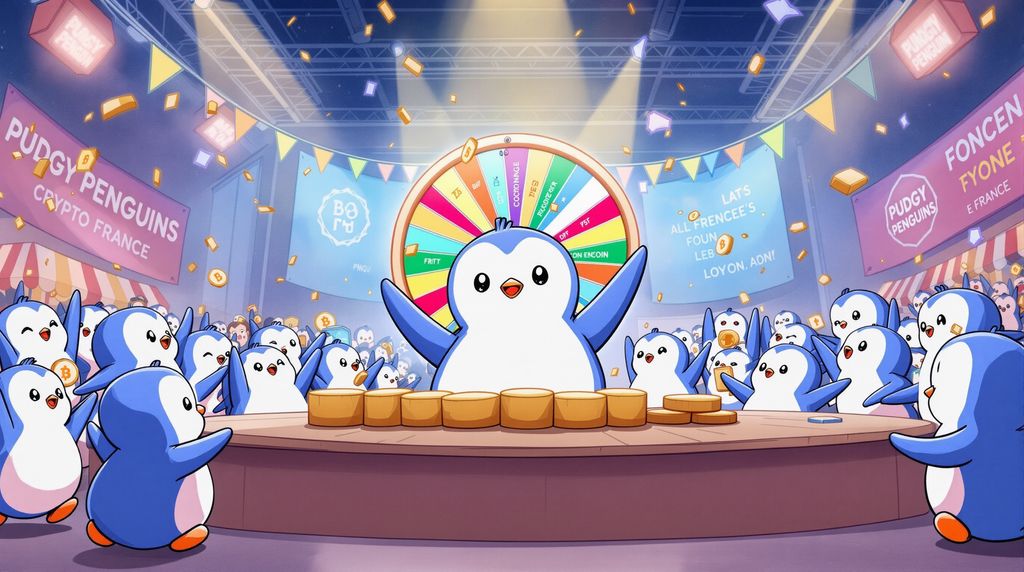 A vibrant event poster featuring Pudgy Penguins characters in a fun booth setting at a crypto convention in Lyon, France. The scene includes a colorful wheel of fortune with prizes and surprises, festive decorations, and excited Penguins interacting with visitors. The atmosphere is cheerful and welcoming, with Pudgy branding, banners, and confetti, capturing the playful spirit of the community. The composition should look like a promotional poster — clean, eye-catching, and modern, perfect for social media announcement