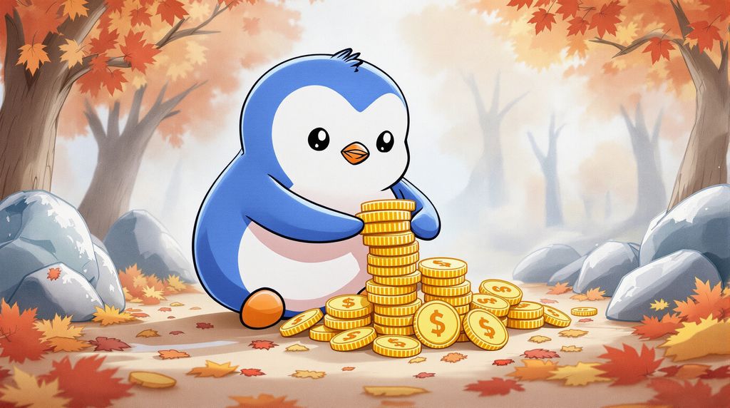 pengu getting ready for winter during the fall season . Stacking golden token coins of $PENGU