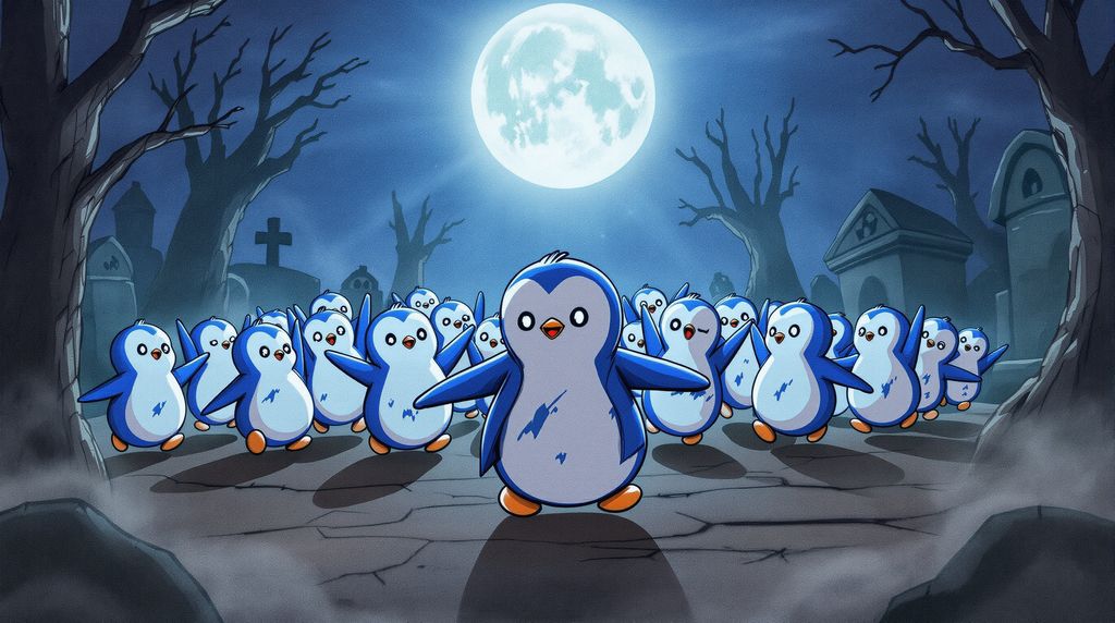 make a bunch of penguins looking like zombies dancing thriller in a graveyard