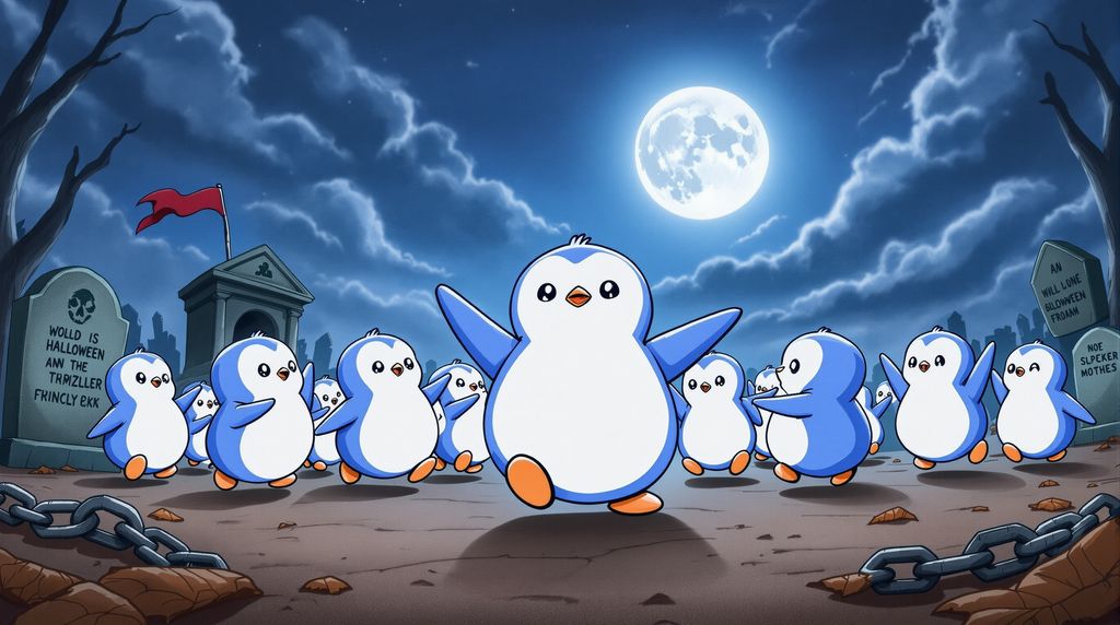 a group of pudgy penguins dancing like thriller in a graveyaed