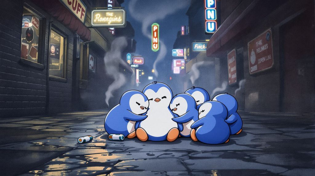 a group of homeless and sad penguins sleeping in an alley. The nights streets are wet and smoke fills the air. Empty bottles are everywhere. Neon signs flash in the distance