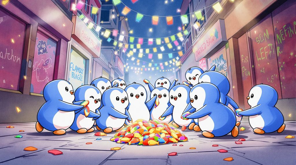 the gayest group of penguins scrounging for the gayest food possible in the gayest alley of the gayest city
