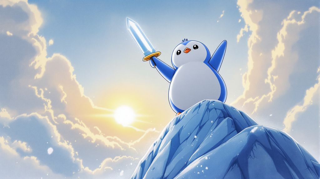 A heroic penguin, exactly identical to the one in the provided image — same colors, proportions, and visual style. He stands proudly at the top of a tall icy cliff, having just climbed a steep glacier. The wind still blows softly, lifting some snow around him, but the sky has cleared: the clouds open to reveal a warm golden light illuminating the whole scene. The penguin, dusted with traces of snow, raises a shining sword toward the sky in a triumphant gesture. His expression radiates courage, determination, and joy. Around him, the ice and snow sparkle under the sunlight, with bright blue and white reflections. In the clear sky above, a glowing, transparent, slightly iridescent phrase appears: “Believe in PENGU” Realistic yet poetic style, cinematic composition, cold colors shifting into warm and bright tones, atmosphere of hope and triumph. Highly detailed, dramatic lighting, epic and uplifting mood.