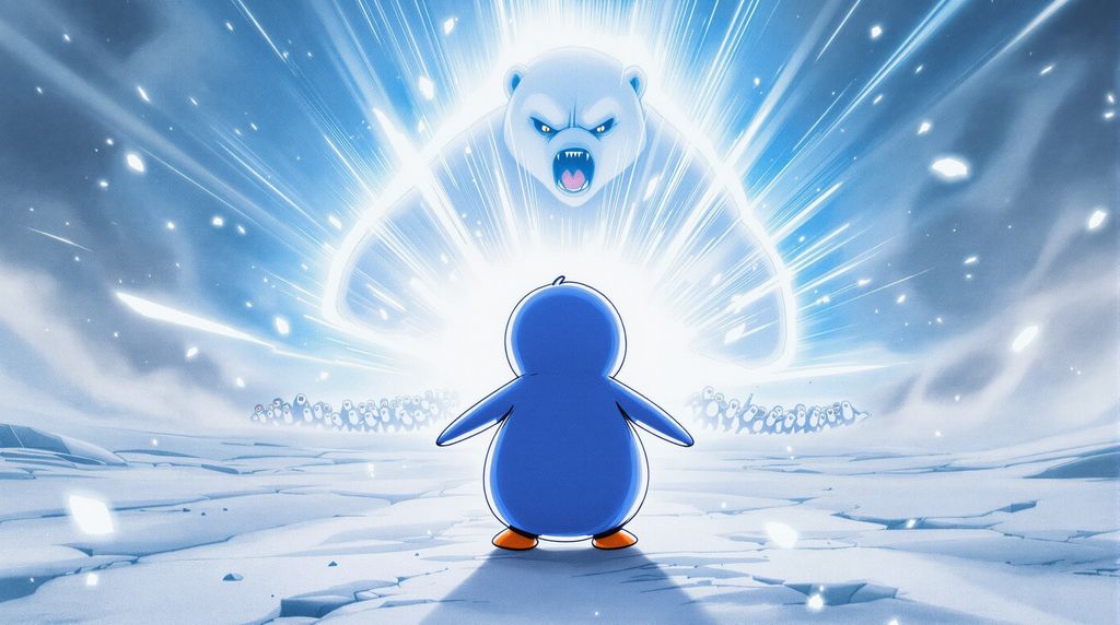 A heroic penguin, seen from behind, He stands firmly on an icy battlefield, facing a massive horde of roaring polar bears in the distance. His small figure radiates immense determination and power. Around the penguin, a blazing aura of energy surges — glowing like Dragon Ball Z power energy, with bright swirling light, sparks, and snow being pushed outward by the force. The wind howls, snow blasts across the scene, and the sky glows with stormy clouds and flashes of light. The composition is cinematic and dramatic, filled with dynamic motion and tension, as if moments before an epic clash. At the top or bottom of the image, bold glowing text appears like a movie poster title: “BELIEVE IN PENGU” Epic lighting, ultra-detailed, anime-inspired energy effects, cinematic atmosphere, heroic and emotional tone, film-poster style, highly detailed, dramatic composition.
