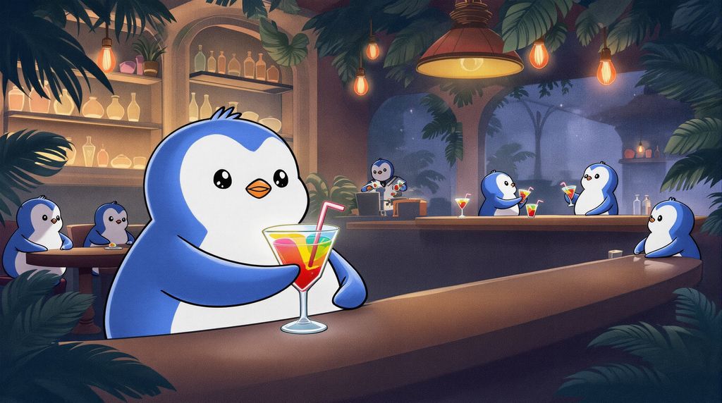 make a pudgy bar at night with a beautiful cocktail bar and some pudgy penguins details