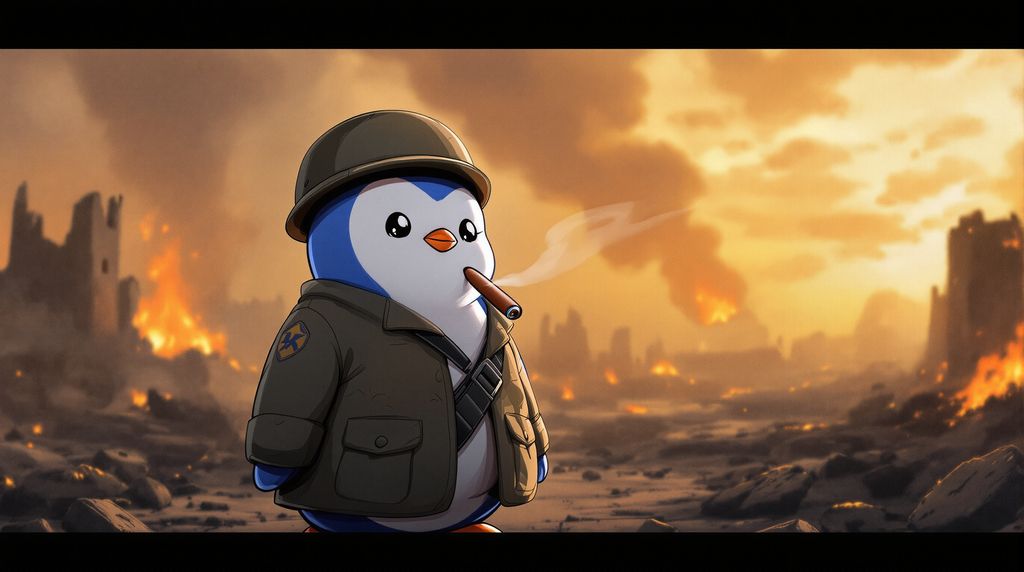 A battle-hardened penguin (“pengu”) standing proudly at the end of a great war. The landscape around him is half-destroyed and still smoldering with smoke rising from the ruins. The penguin wears a worn military jacket and helmet reminiscent of WWII soldiers. He calmly smokes a well-earned cigar, his expression tired but victorious. The lighting is dramatic — a golden sunset breaking through the haze of smoke and dust. The atmosphere feels gritty, cinematic, and emotional, capturing the aftermath of an epic WWII-style battle.