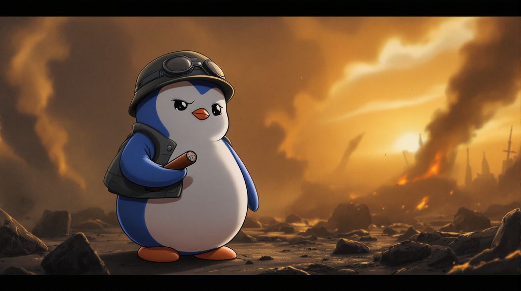 A battle-hardened penguin (“pengu”) standing proudly at the end of a great war. The landscape around him is half-destroyed and still smoldering with smoke rising from the ruins. The penguin wears a worn military jacket and helmet reminiscent of WWII soldiers. He has a well-earned cigar clenched in his beak, his expression tired but victorious. The lighting is dramatic — a golden sunset breaking through the haze of smoke and dust. The atmosphere feels gritty, cinematic, and emotional, capturing the aftermath of an epic WWII-style battle.