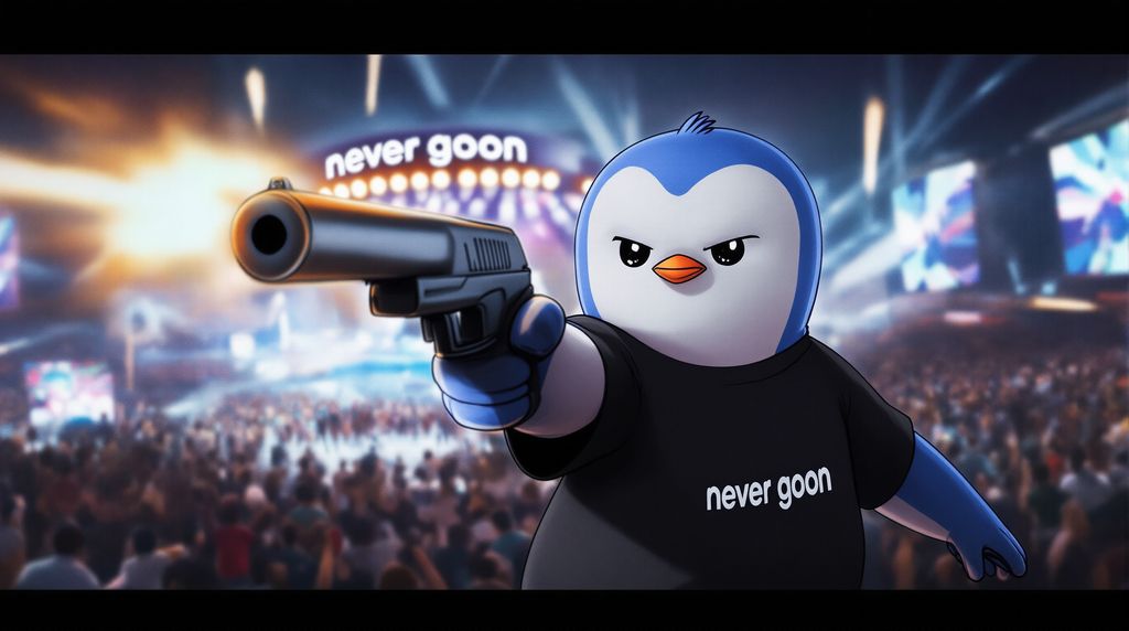create a photo realistic CCTV image of a penguin wearing a black t-shirt reading "never goon" and pointing a gun directly at perspective with a "never goon" festival occurring in the background