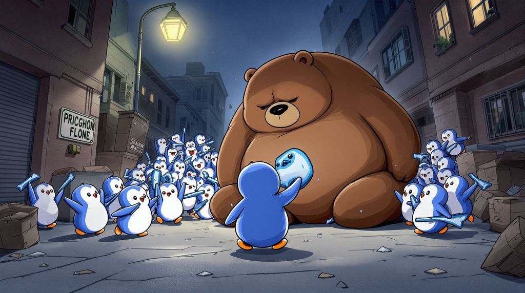 create a hyper realistic of a group of penguins all whacking a giant unconscious brown bear with massive floppy fish in the middle of a dark alley