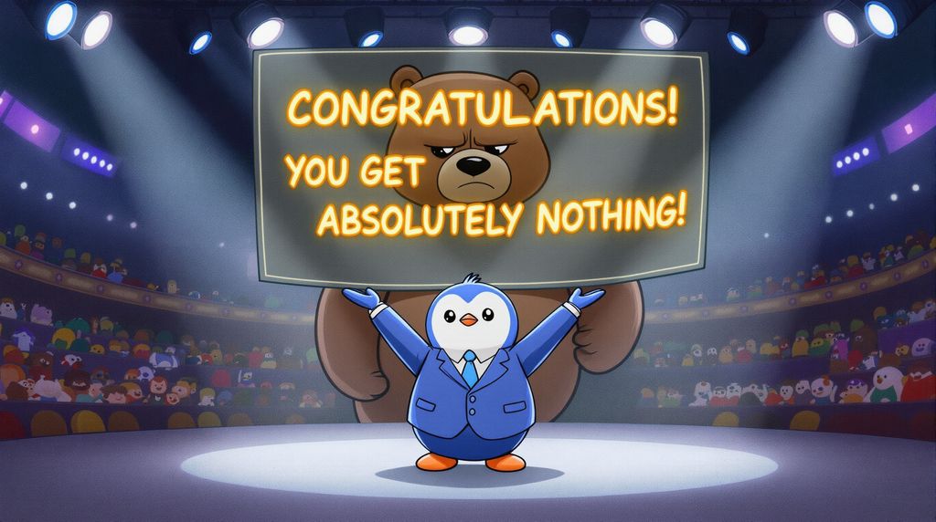 create a televised image of a game show with a penguin wearing a very nice suit is revealing a giant jumbotron reading "CONGRATULATIONS! YOU GET ABSOLUTELY NOTHING!" Right in a giant depressed brown bear's stupid dumb face