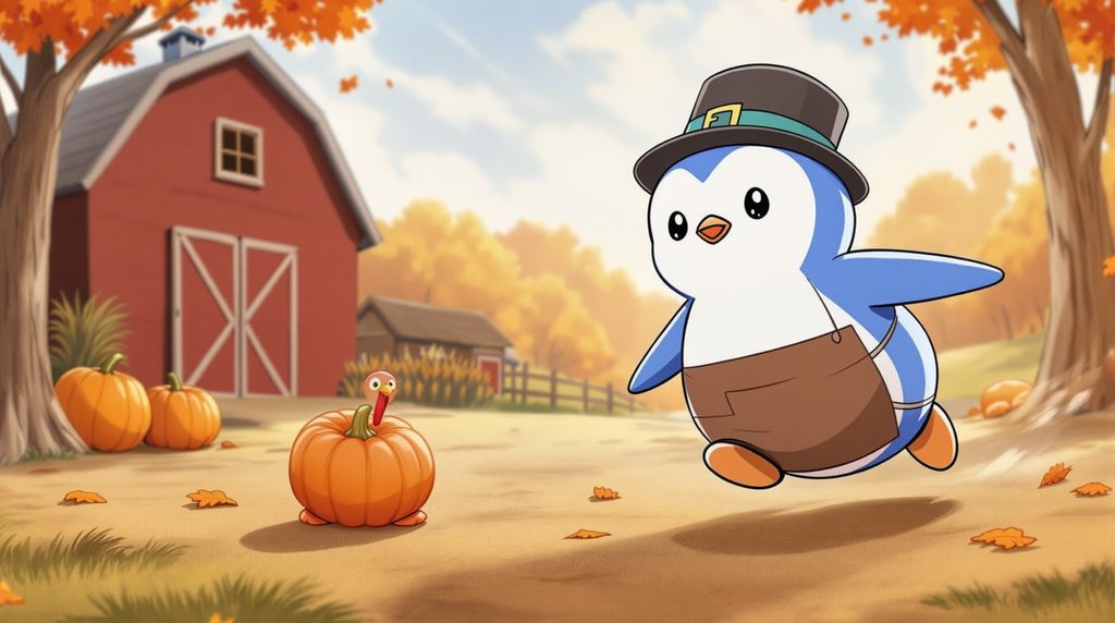 thanksgiving pengu chasing a turkey